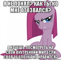 я не понял? как ты ко мне отозвался? а хочешь посмотреть на свой внутренний мир если своя оболочка не нравится?