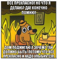 все прекласно! но что я делаю? да! конечно помню! дом поджигаю а зачем? так должно быть! потому что все прекласно и надо улыбнутся!