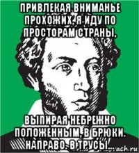 привлекая вниманье прохожих, я иду по просторам страны, выпирая небрежно положенным, в брюки. направо. в трусы...