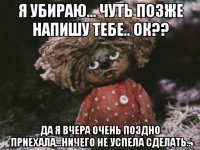 я убираю... чуть позже напишу тебе.. ок?? да я вчера очень поздно приехала...ничего не успела сделать..