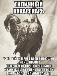 типичный кукарекарь *смелый интернет-боец,воюющий с женщинами в интернете,которого в реальной жизни изо дня в день ебут в рот и в жопу более сильные самцы.