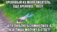 хреновый из меня писатель, ещё хреновее - поэт, зато люблю безумно лизу, а лиза лишь молчит в ответ!