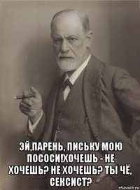  эй,парень, письку мою пососи!хочешь - не хочешь? не хочешь? ты чё, сексист?