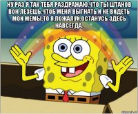 ну раз я так тебя раздражаю,что ты штанов вон лезешь,чтоб меня выгнать и не видеть мои мемы,то я,пожалуй,останусь здесь навсегда. 
