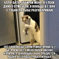 алло, бать, забирай меня. я у лёхи, днюху отмечали, я вообще в г*вно. с тобой по рыбе разговариваю чёё ? какой еще сарай ремонтировать ? батя, я же кот, у меня лапки. вискис купи. литр. в коробках он не продается. ладно, всё кладу трубку ой рыбу.