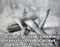  засыпай сладеньким сном в моих нежных объятьях мой лакомый калачик, я тебя очень люблю.