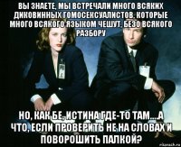 вы знаете, мы встречали много всяких диковинных гомосексуалистов, которые много всякого языком чешут, безо всякого разбору но, как бе, истина где-то там....а что, если проверить не на словах и поворошить палкой?