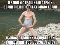 я злой и страшный серый волк! я в поросятах знаю толк! я ужас, летящий на крыльях ночи!держитесь все за стулья!