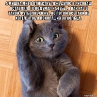 а мишка мне в отместку тоже дулю в рисоваш оставлял...))) подумал на тебе... я как раз в такой футболке хожу... но потом все таки не хотел, чтоб я поняла... из за кольца. 