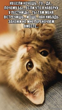 ну если хочешь.. то... да... почему бы... если что я наверху у лестницы... ты там меня встречишь... и еще... как нибудь захожи ко мне переночуем вместе... 