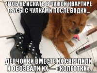 чтоб не искать в чужой квартире трусы с чулками после водки... девчонки вместе их скрепили и обозвали их — «колготки».