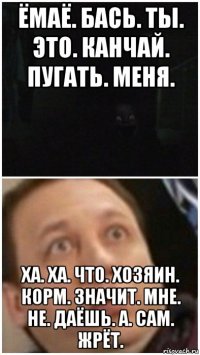 ёмаё. бась. ты. это. канчай. пугать. меня. ха. ха. что. хозяин. корм. значит. мне. не. даёшь. а. сам. жрёт.