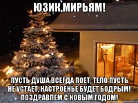 юзик,мирьям! пусть душа всегда поет, тело пусть не устает, настроенье будет бодрым! поздравлем с новым годом!