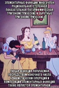 элементарные функции: многочлен, рациональная, степенная, показательная, логарифмическая, тригонометрические и обратные тригонометрические. любая функция получаемая посредством конечного числа арифметических операций и композиций элементарных функций, также является элементарной.