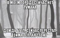в моем городе сейчас нет тумана дождь был, сейчас перестал. зима теплая стоит