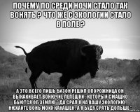 почему по среди ночи стало так вонять ? что же с экологии стало в поле ? а это всего лишь бизон решил опорожница он выкакивает вонючие лепёшки , который смащно бьются об землю " да срал я на вашу экологию , нюхайте вонь моих какашек , а я буду срать дольше "