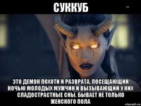 суккуб это демон похоти и разврата, посещающий ночью молодых мужчин и вызывающий у них сладострастные сны. бывает не только женского пола
