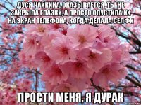 дуся чайкина, оказывается, ты не закрыла глазки, а просто опустила их на экран телефона, когда делала селфи прости меня, я дурак