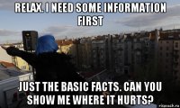 relax. i need some information first just the basic facts. can you show me where it hurts?