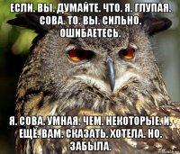 если. вы. думайте. что. я. глупая. сова. то. вы. сильно. ошибаетесь. я. сова. умная. чем. некоторые. и. ещё. вам. сказать. хотела. но. забыла.