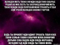 ублюдок мать твою а ну иди сюда гоно собачье решил ко мне лезть ты засранец ванючий мать твою ну иди сюда попробуй меня трахнуть я тебя сам трахну ублюдок онанист чертов будь ты проклет иди идиот трахать тебя и все твою семью говно собачий жлоб вонючий дерьмо сука падла иди сюда мерзавец негодяй гад иди сюда ты говно жопа