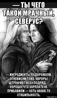 — ты чего такой мрачный, северус? — ингредиенты подорожали, огневиски тоже. авроры штрафуют всех подряд. . . хорошо, что зарплату не прибавили — хоть какая-то стабильность.