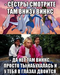 - сёстры смотрите там внизу винкс - да нет там винкс, просто ты набухалась и у тебя в глазах двоится