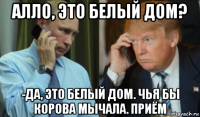 алло, это белый дом? -да, это белый дом. чья бы корова мычала. приём