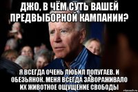 джо, в чём суть вашей предвыборной кампании? я всегда очень любил попугаев. и обезьянок. меня всегда завораживало их животное ощущение свободы