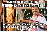кушай шаурма вкусный будешь сытый и не грустный. шаурма шаурма от тебя мы без ума,пусть и знает каждый горный брат,что шаурме всегда я рад.
