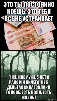 это ты постоянно ноешь, это тебя все не устраивает я же живу уже 5 лет с раком и ничего. не в деньгах сила! сила - в голове. есть воля, есть жизнь!
