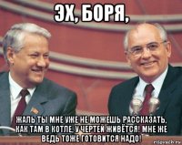 эх, боря, жаль ты мне уже не можешь рассказать, как там в котле, у чертей живётся! мне же ведь тоже готовится надо!