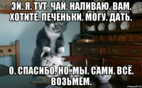 эй. я. тут. чай. наливаю. вам. хотите. печеньки. могу. дать. о. спасибо. но. мы. сами. всё. возьмём.