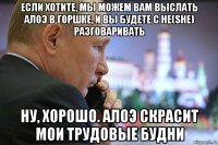 если хотите, мы можем вам выслать алоэ в горшке, и вы будете с he(she) разговаривать ну, хорошо. алоэ скрасит мои трудовые будни