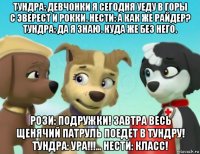 тундра: девчонки я сегодня уеду в горы с эверест и рокки. нести: а как же райдер? тундра: да я знаю. куда же без него. рози: подружки! завтра весь щенячий патруль поедет в тундру! тундра: ура!!!... нести: класс!