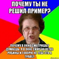 почему ты не решил пример? почему в окно смотришь? думаешь, я в окне сижу на ветке рябины и говорю не тебе это а траве?