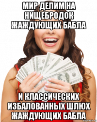 мир делим на нищебродок жаждующих бабла и классических избалованных шлюх жаждующих бабла