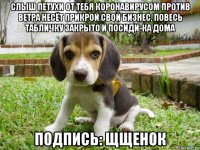 слыш петухи от тебя коронавирусом против ветра несёт прикрой свой бизнес, повесь табличку закрыто и посиди-ка дома подпись: щщенок