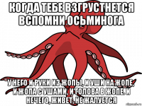 когда тебе взгрустнется вспомни осьминога у него и руки из жопы, и уши на жопе, и жопа с ушами, и голова в жопе. и нечего, живет, не жалуется