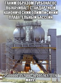 таким образом турбонасос выкачивает стандартный канонический олимписйкий плавательный бассейн за 2500000/152484=16,395162771176 минут