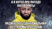 а я хотел про погоду поговорить! яндиев! погода нормальная! все! нормально! пока!