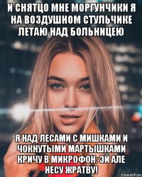 и снятцо мне моргунчики я на воздушном стульчике летаю над больницею я над лесами с мишками и чокнутыми мартышками кричу в микрофон: эй але несу жратву!