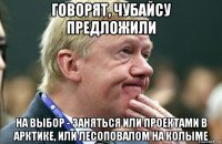 говорят, чубайсу предложили на выбор - заняться или проектами в арктике, или лесоповалом на колыме