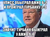 улисс обыграл ажио 6-2 и проиграл турбанку 2-3 значит турбанк выиграл у ажио 9-4