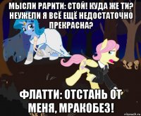 мысли рарити: стой! куда же ти? неужели я всё ещё недостаточно прекрасна? флатти: отстань от меня, мракобез!