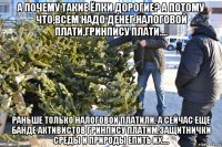 а почему такие ёлки дорогие? а потому что,всем надо денег.налоговой плати,гринпису плати.... раньше только налоговой платили, а сейчас еще банде активистов гринпису платим,защитнички среды и природы епить их....