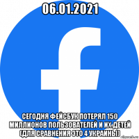 06.01.2021 сегодня фейсбук потерял 150 миллионов пользователей и их детей (для сравнения это 4 украины)