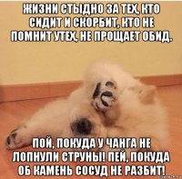 жизни стыдно за тех, кто сидит и скорбит, кто не помнит утех, не прощает обид. пой, покуда у чанга не лопнули струны! пей, покуда об камень сосуд не разбит!