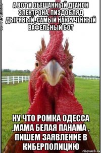 а вот и обещанный деанон электрона, пиздобляд дырявый, самый накрученный вафельный бот ну что ромка одесса ,мама белая панама , пишем заявление в киберполицию