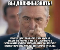 вы должны знать! 1.общую схему площадку 2. как зайти на онлайн-платформу 3. иметь в телефоне pdf с расписанием, ориентироваться в нем 4. когда придет ваш партнер и заказчик, где вы встречаетесь 5. где поесть